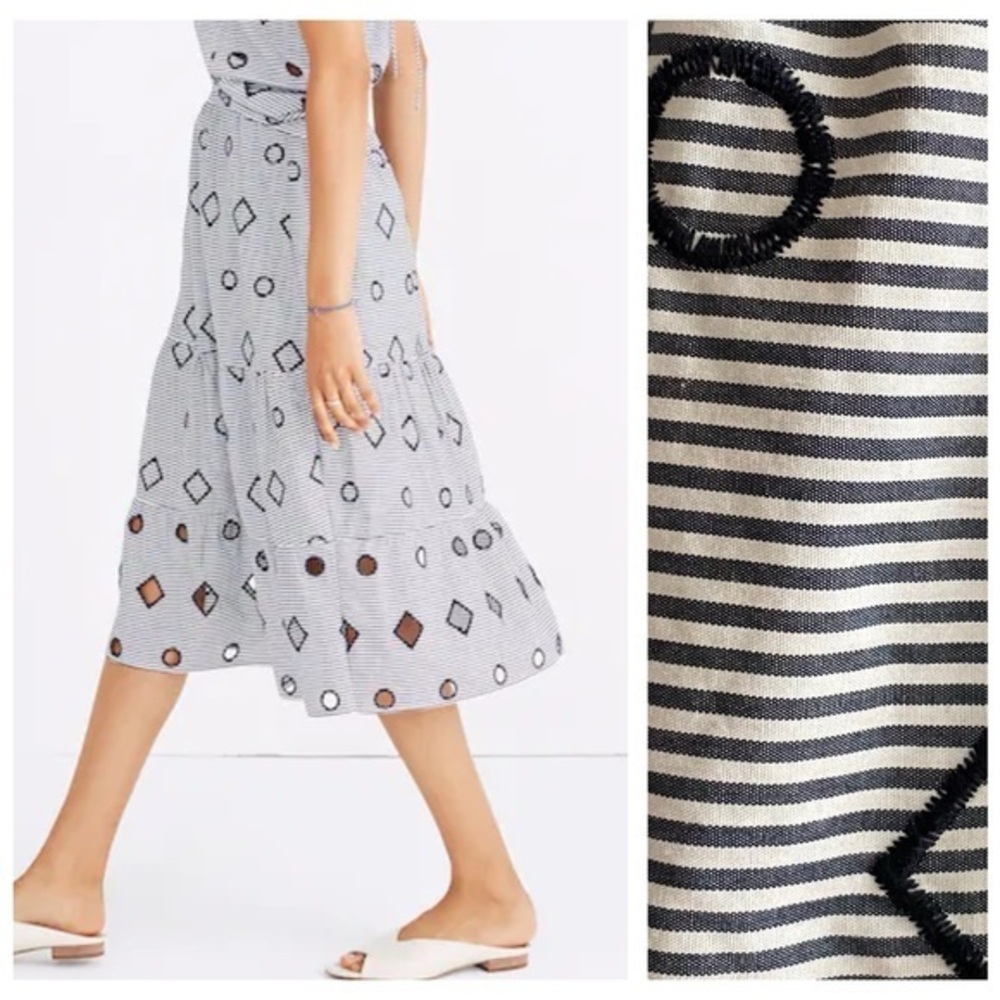 Madewell Blue White Stripe Geometric Embroidered Midi Skirt S